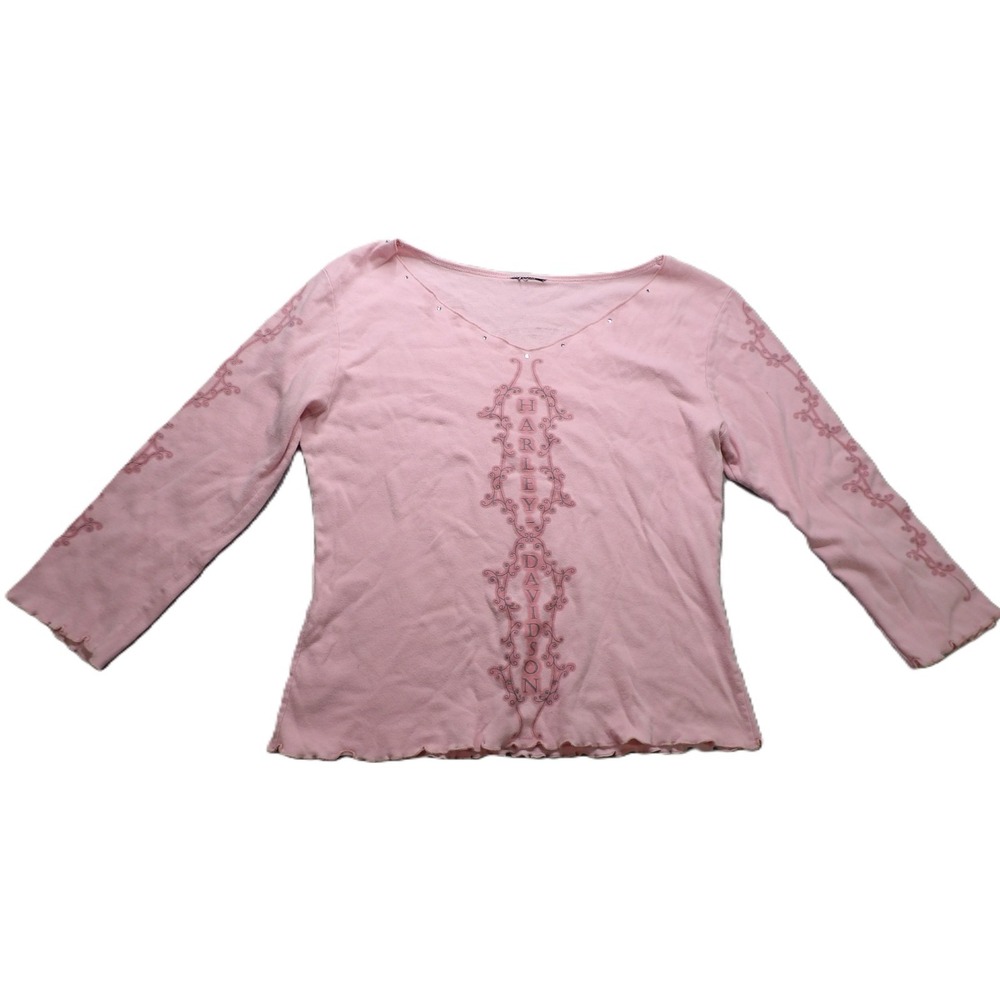 VTG Harley Davidson Shirt Women Medium M Pink Long Sleeves Rhinestone V-Neck Y2K